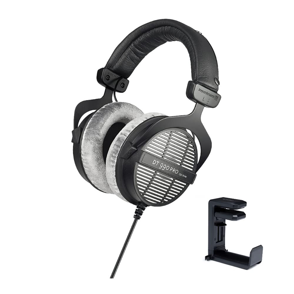 BeyerDynamic Fones de ouvido abertos acusticamente DT-990 Pro (250 Ohms) com suporte para gancho de fone de ouvido Knox Gear com pacote organizador de cabo integrado (2 itens)