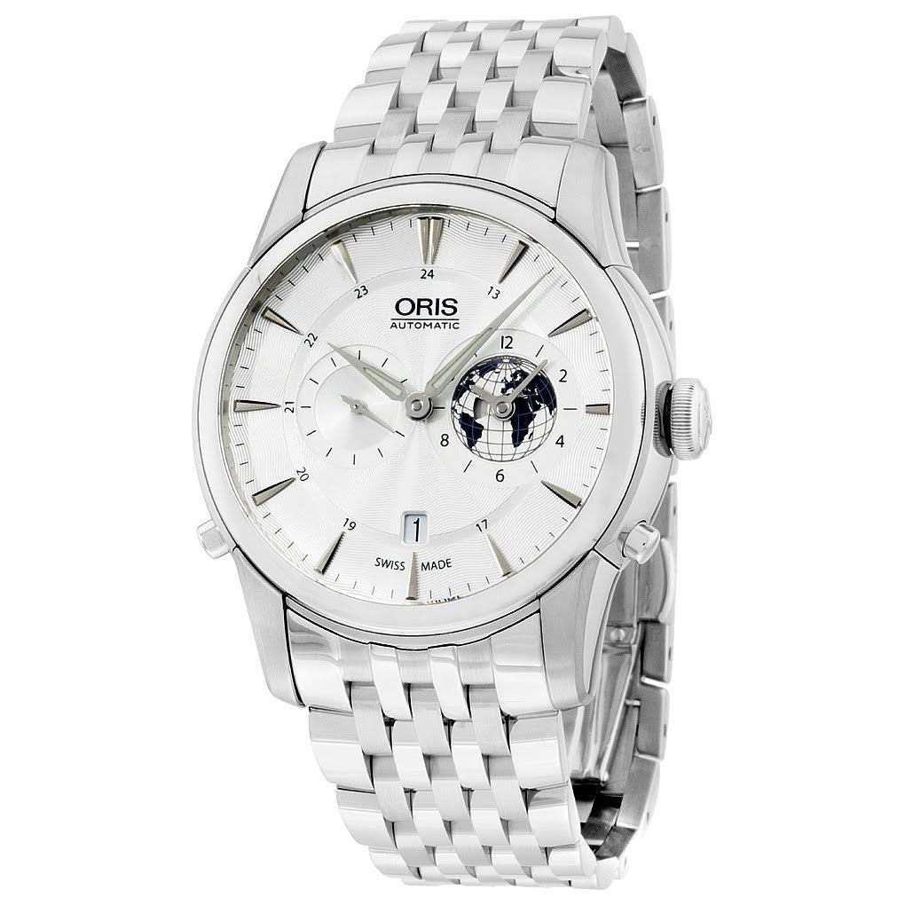 Oris Artelier GMT relógio masculino de aço inoxidável com mostrador automático prateado branco 690-7690-4081 MB