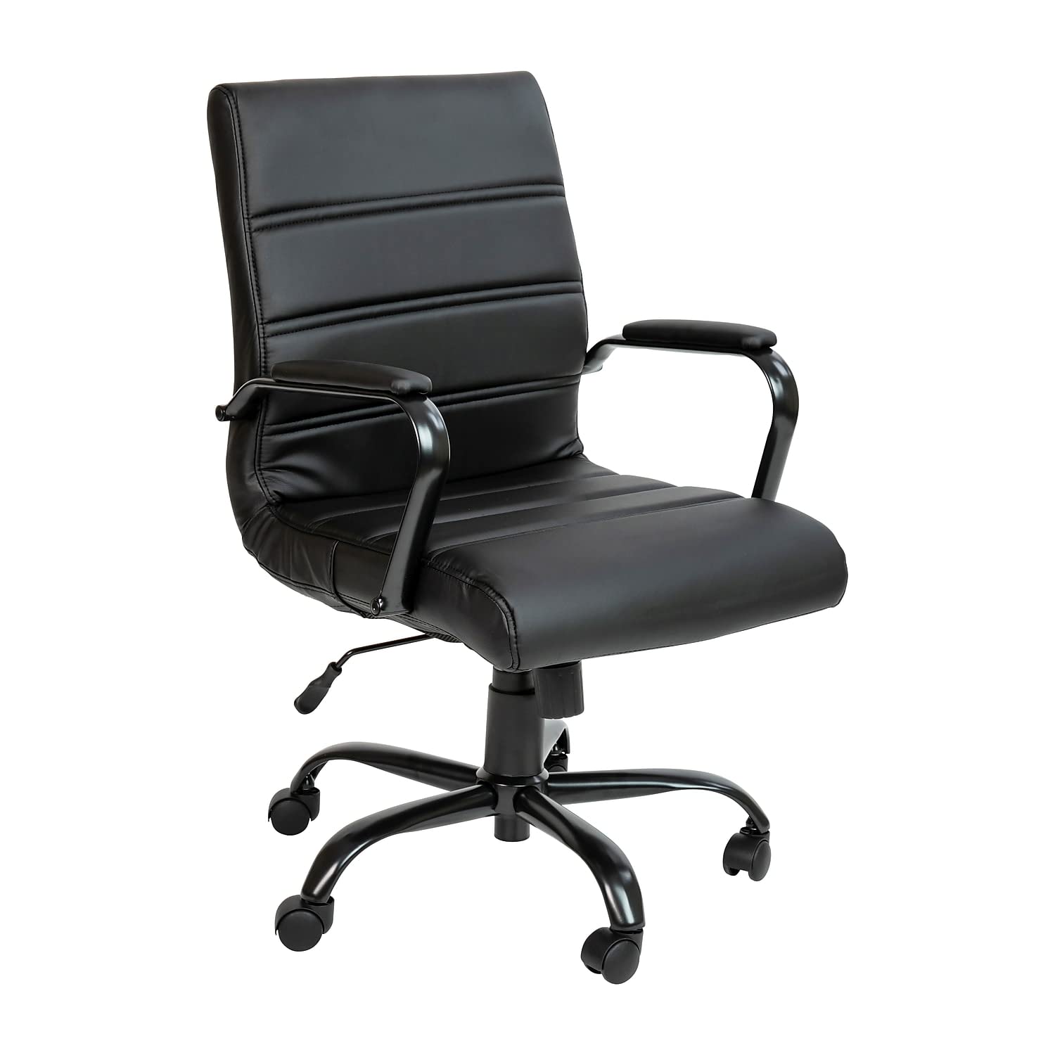 Flash Furniture Cadeira de escrivaninha com encosto médio - Cadeira de escritório executiva giratória de couro preto com moldura preta - Cadeira de braço giratório