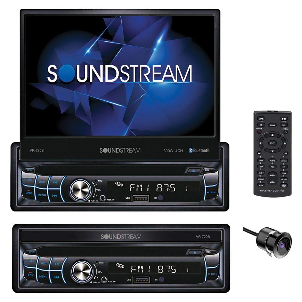 Soundstream VR-720B Single DIN estéreo automotivo DVD/CD reprodutor multimídia Bluetooth com tela sensível ao toque motorizada de 7 polegadas e amplificador embutido