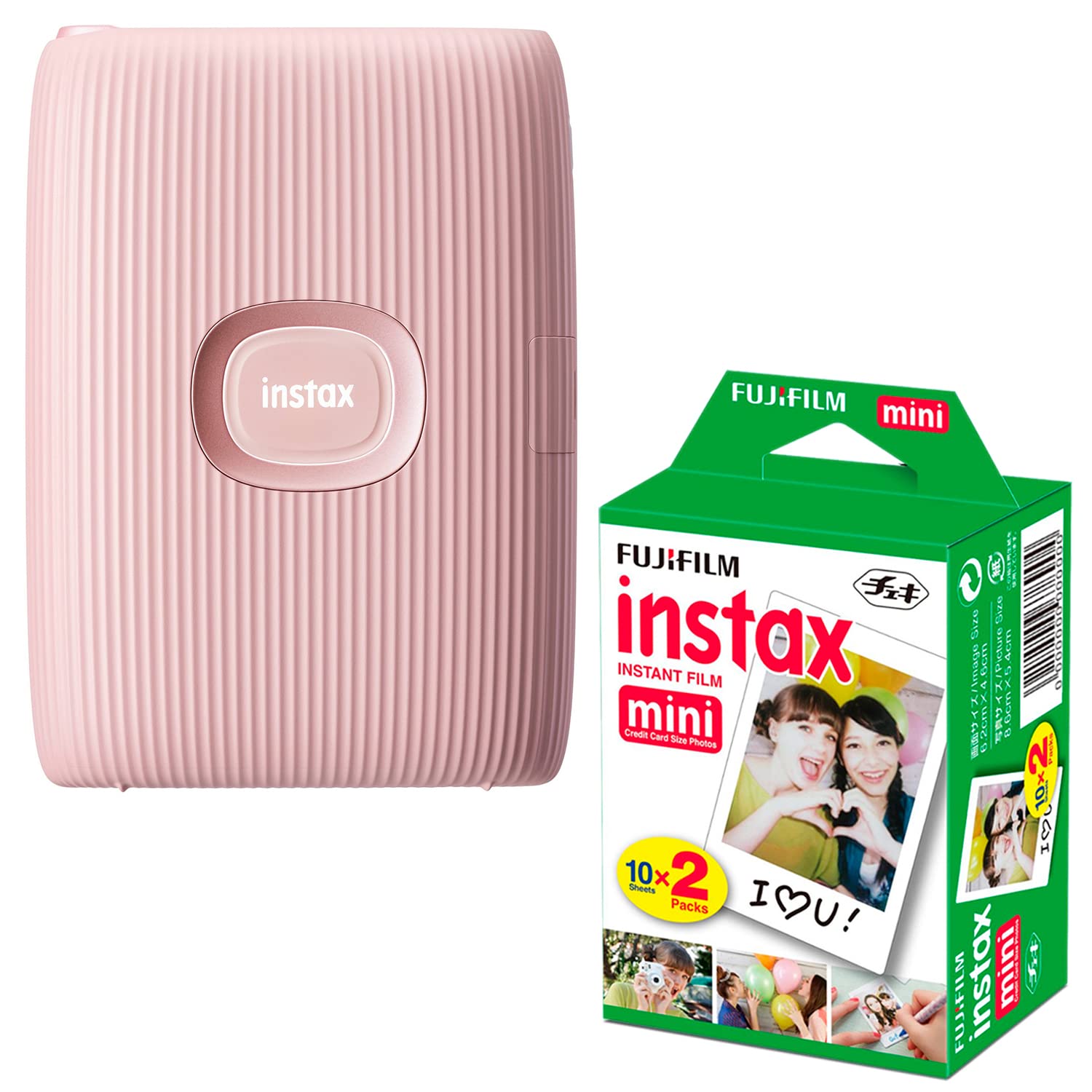 HeroFiber Impressora Fuji Instax Mini Link 2 rosa suave + Instax Mini Twin Film Pack - 20 fotos