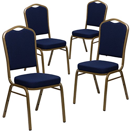 Flash Furniture 4 Pk. Cadeira de banquete empilhável traseira série HERCULES em tecido estampado azul marinho - moldura dourada