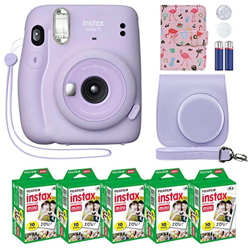 Fujifilm Câmera Instantânea Instax Mini 11 Lilás Roxo + Estojo Personalizado + Fuji Instax Film Value Pack (50 Folhas) Flamingo Designer Álbum de Fotos para Fuji Instax Mini 11 Fotos