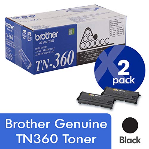 Brother Cartucho de toner preto de alto rendimento original TN360 com 2 pacotes com aproximadamente 2.600 páginas/cartucho