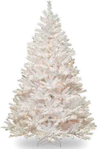 National Tree Company Árvore de Natal artificial pré-iluminada da empresa | Inclui luzes brancas pré-amarradas e suporte | Branco Com Glitter Prateado | Winchester White Pine - 7 pés