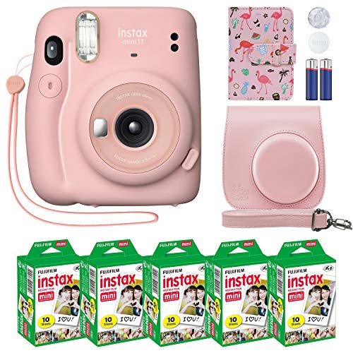 Fujifilm Instax Mini 11 Instant Camera Blush Pink + Estojo personalizado + Fuji Instax Film Value Pack (50 folhas) Flamingo Designer Photo Album para Fuji Instax Mini 11 Photos