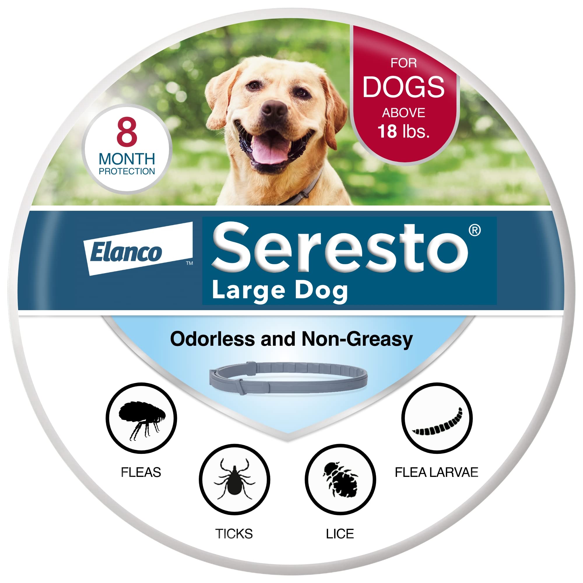 Seresto Coleira de prevenção e tratamento contra pulgas e carrapatos recomendada pelo veterinário para cães grandes para cães com mais de 18 libras. | 8 meses de proteção
