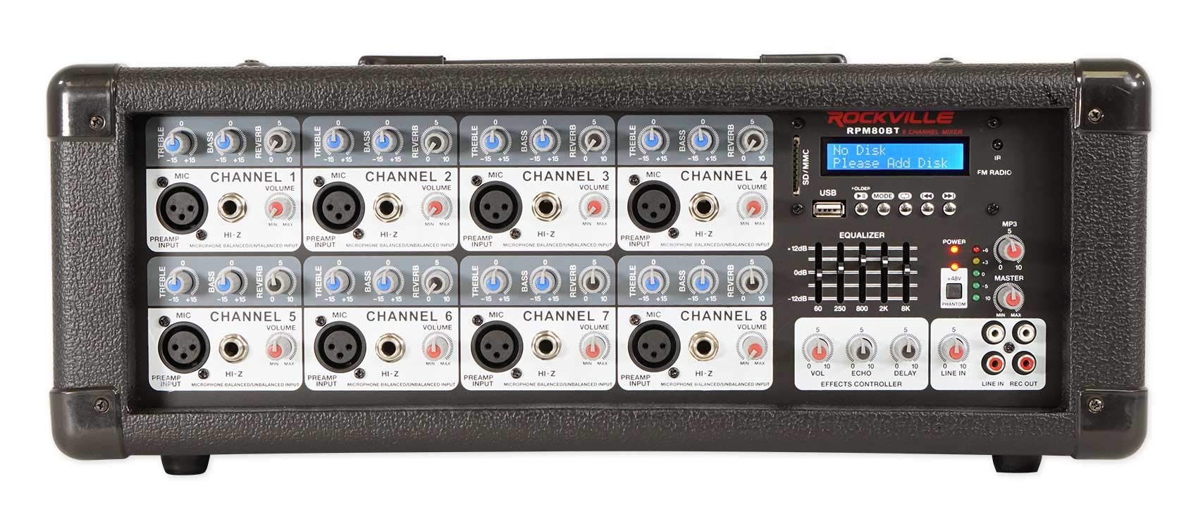 Rockville Mixer/amplificador de 8 canais alimentado por RPM80BT 2400w c/Bluetooth/EQ/efeitos