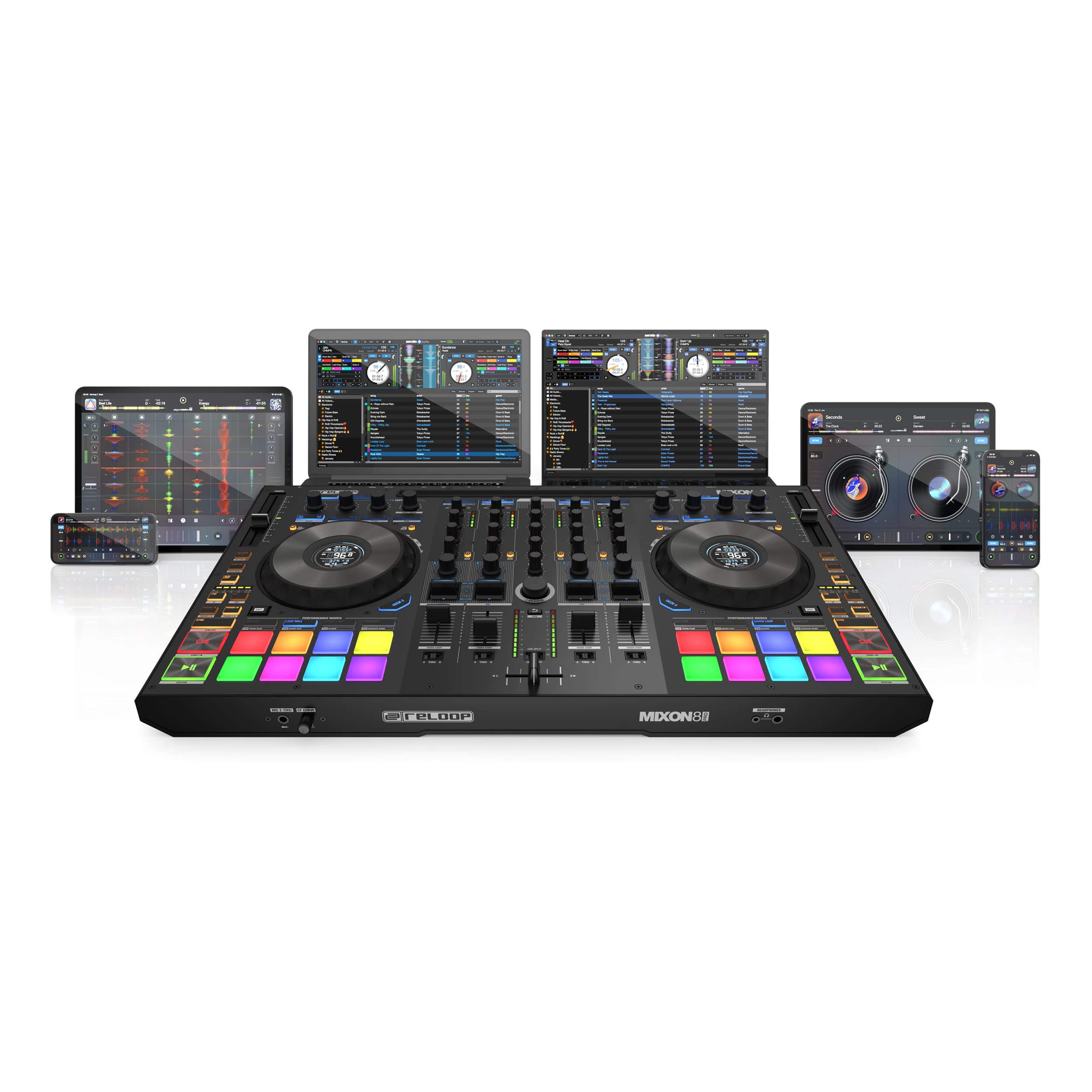 Reloop Mixon 8 Pro 4-Channel Professional Hybrid Sturdy Build DJ Controller for Serato DJ Pro and Algoriddim DJAY Pro AI with Real-Time Displays