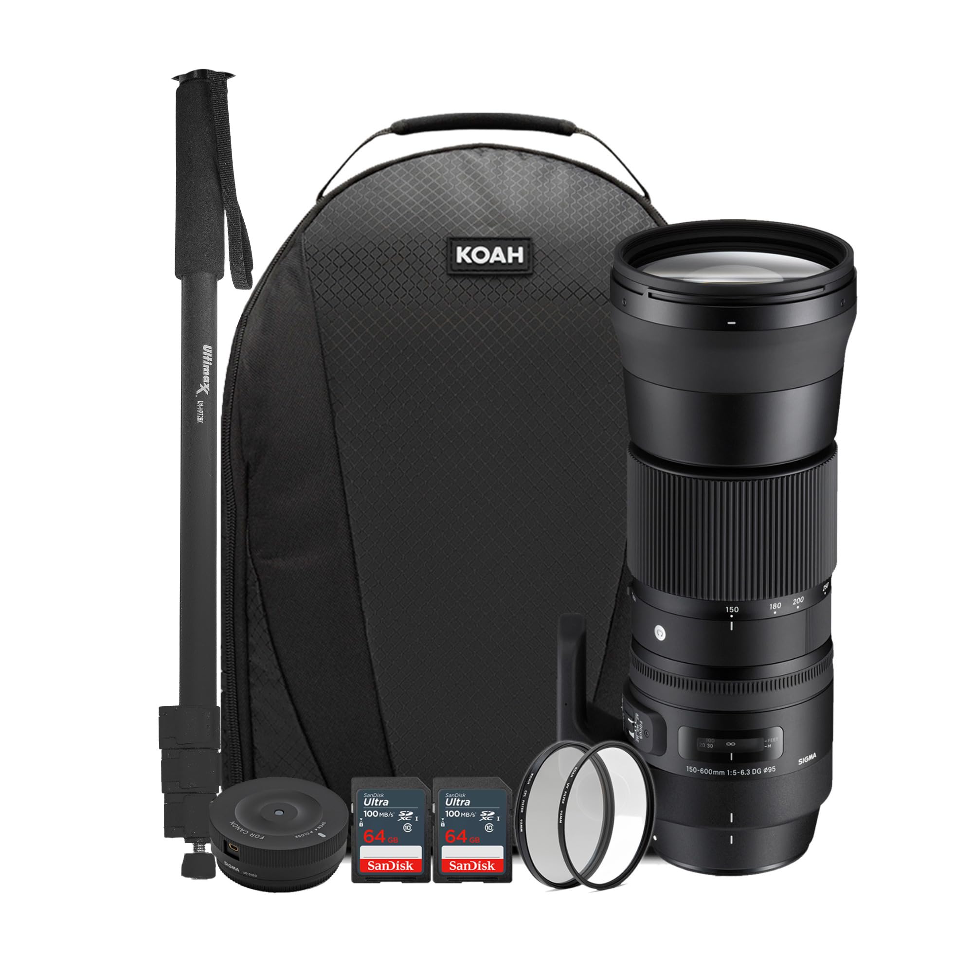 SIGMA 150-600mm 5-6.3 Contemporary DG OS HSM Lens for Canon DSLR Cameras USB Dock and Two 64GB SD Card Bundle (7 Items)