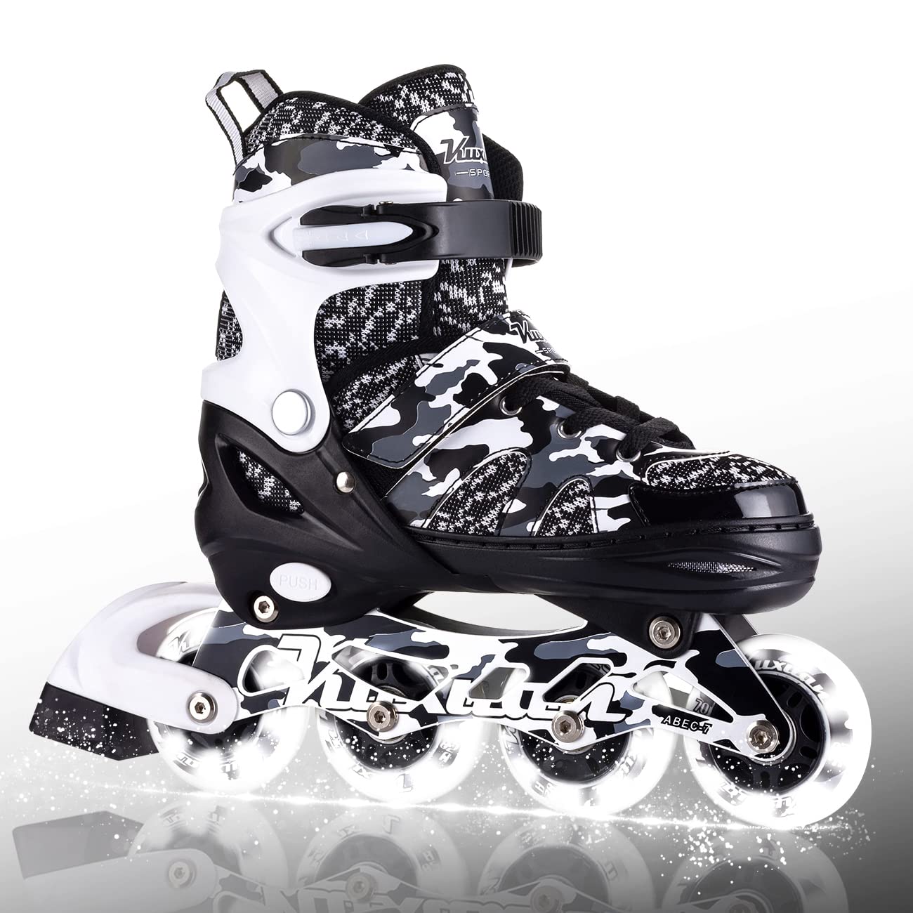 Kuxuan skates Patins Patins em linha ajustáveis para crianças e jovens com rodas totalmente iluminadas Camo Outdoor Roller Blades Patins para meninas e meninos iniciantes