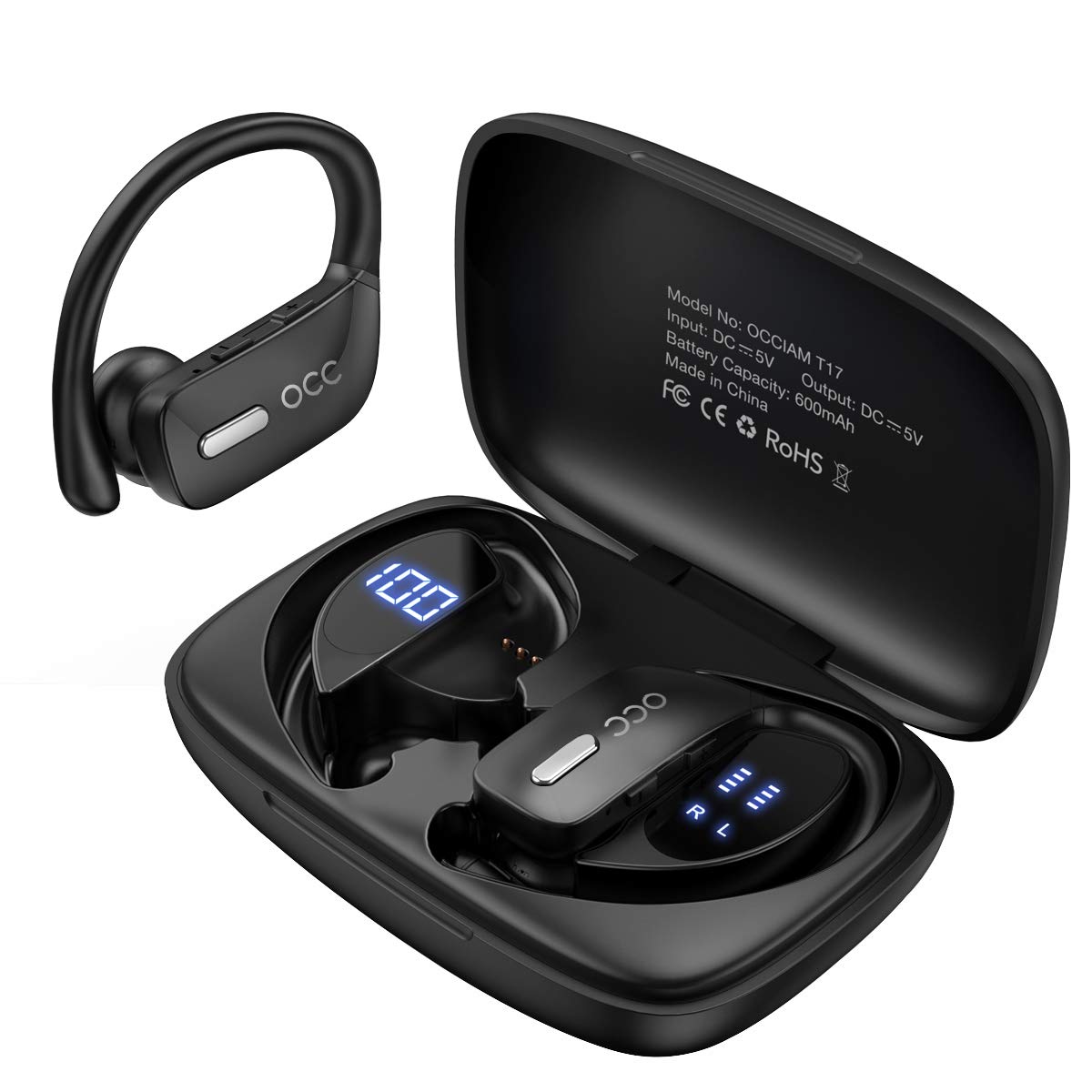 occiam Fones de ouvido sem fio Bluetooth 48H Play Back Fones de ouvido à prova d'água com microfone Visor LED para esportes Corrida Treino Preto