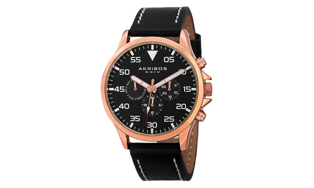 TWI Watches, LLC Akribos XXIV masculino AK773RGB multifunções com movimento de quartzo suíço com mostrador preto e pulseira de couro com costura creme preta