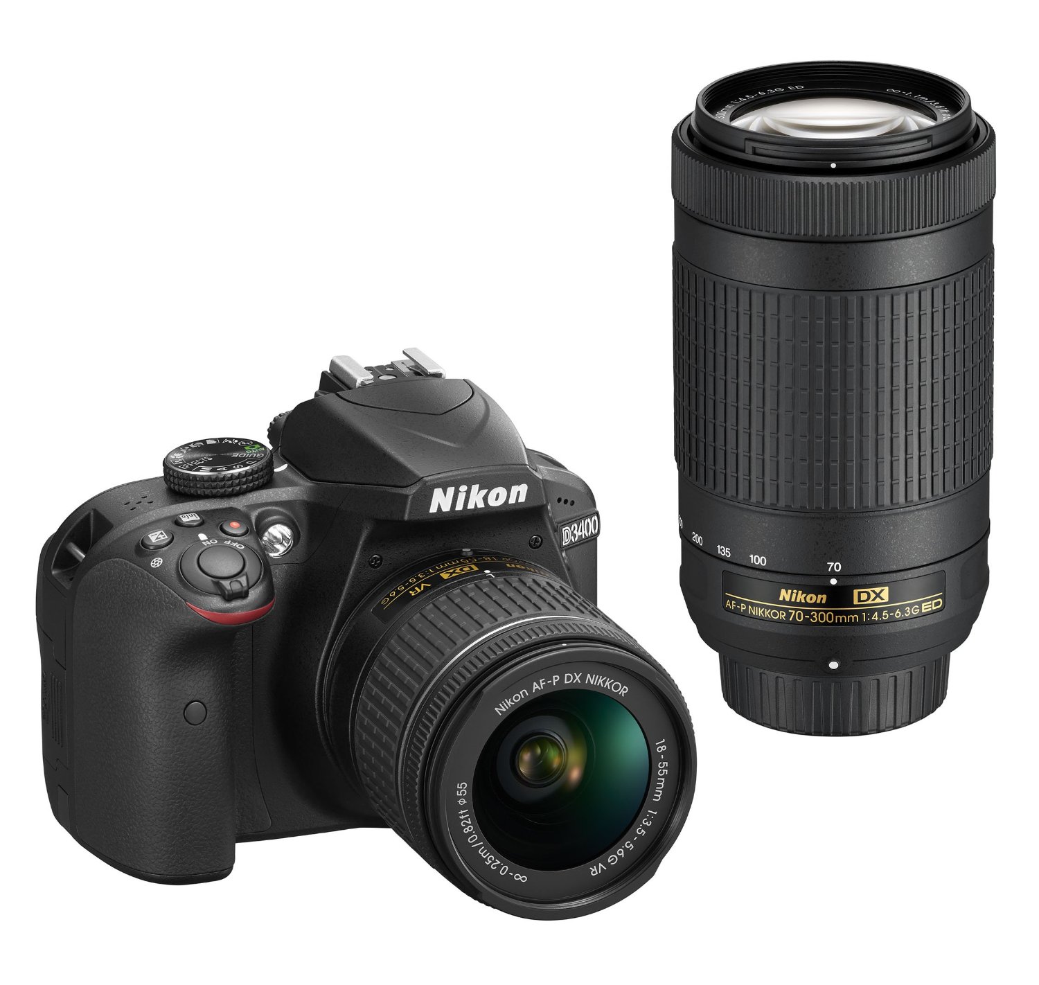 Nikon Câmera DSLR D3400 com AF-P DX NIKKOR 18-55mm f / 3.5-5.6G VR e AF-P DX NIKKOR 70-300mm f / 4.5-6.3G ED