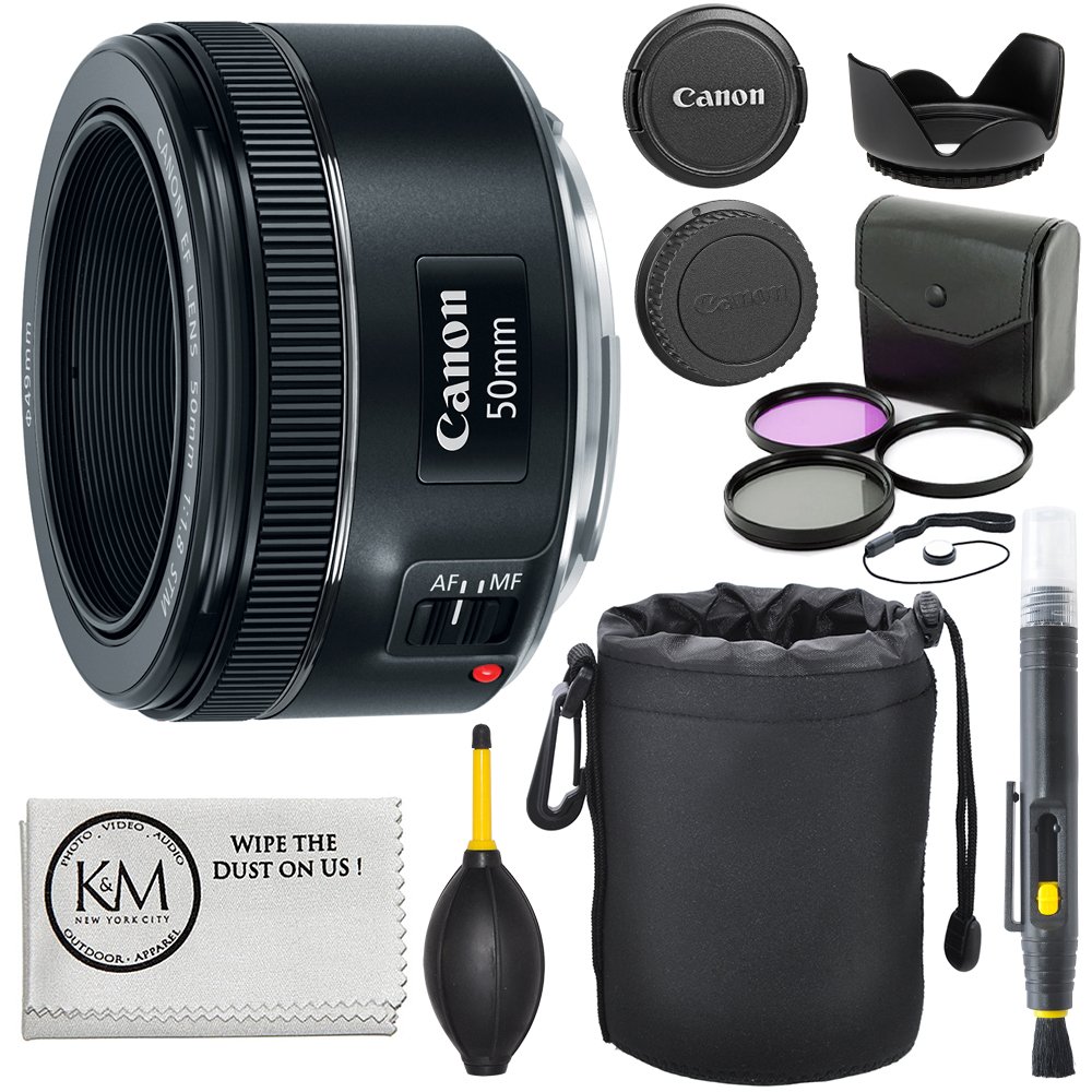 Canon Lente EF 50mm f/1.8 STM + kit de filtro de 3 peças + caneta de lente + soprador + capa + bolsa de lente + protetor de tampa