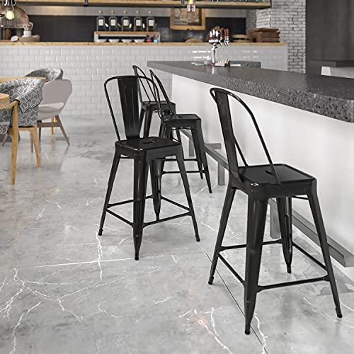 Flash Furniture Banqueta comercial de grau 4 pacote 24 pol. de metal preto alto para área interna e externa com encosto removível