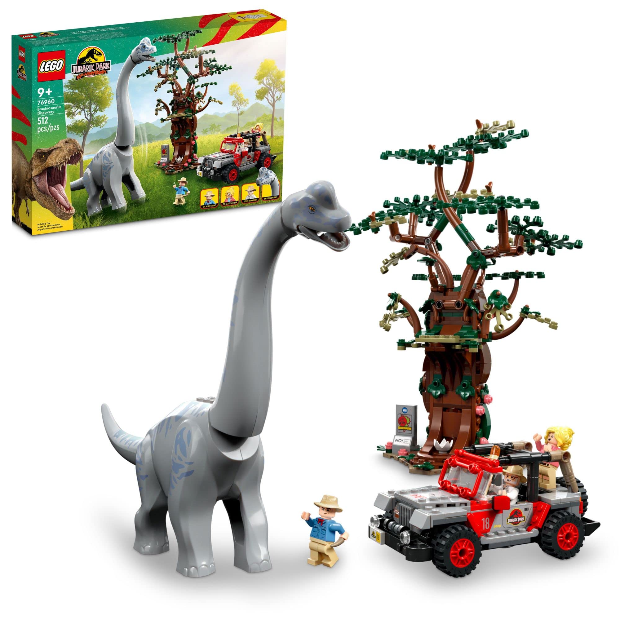  LEGO Jurassic World Brachiosaurus Discovery 76960 Jurassic Park Brinquedo de dinossauro do 30º aniversário; Apresentando uma grande figura de dinossauro e um brinquedo de carro Jeep Wrangler construído...