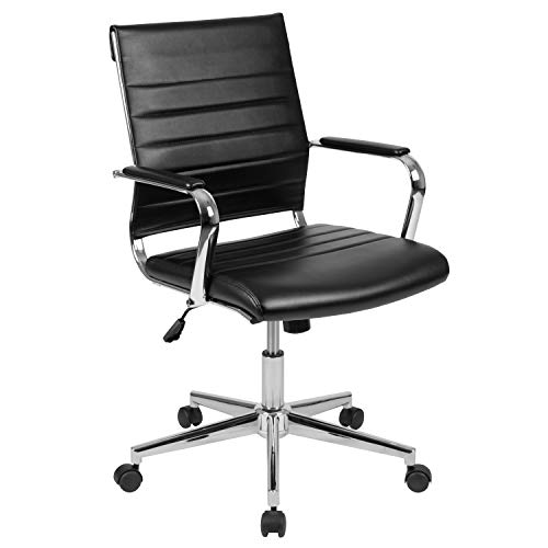 Flash Furniture Couro preto com encosto médioCadeira de escritório executiva com nervuras suave e contemporânea giratória