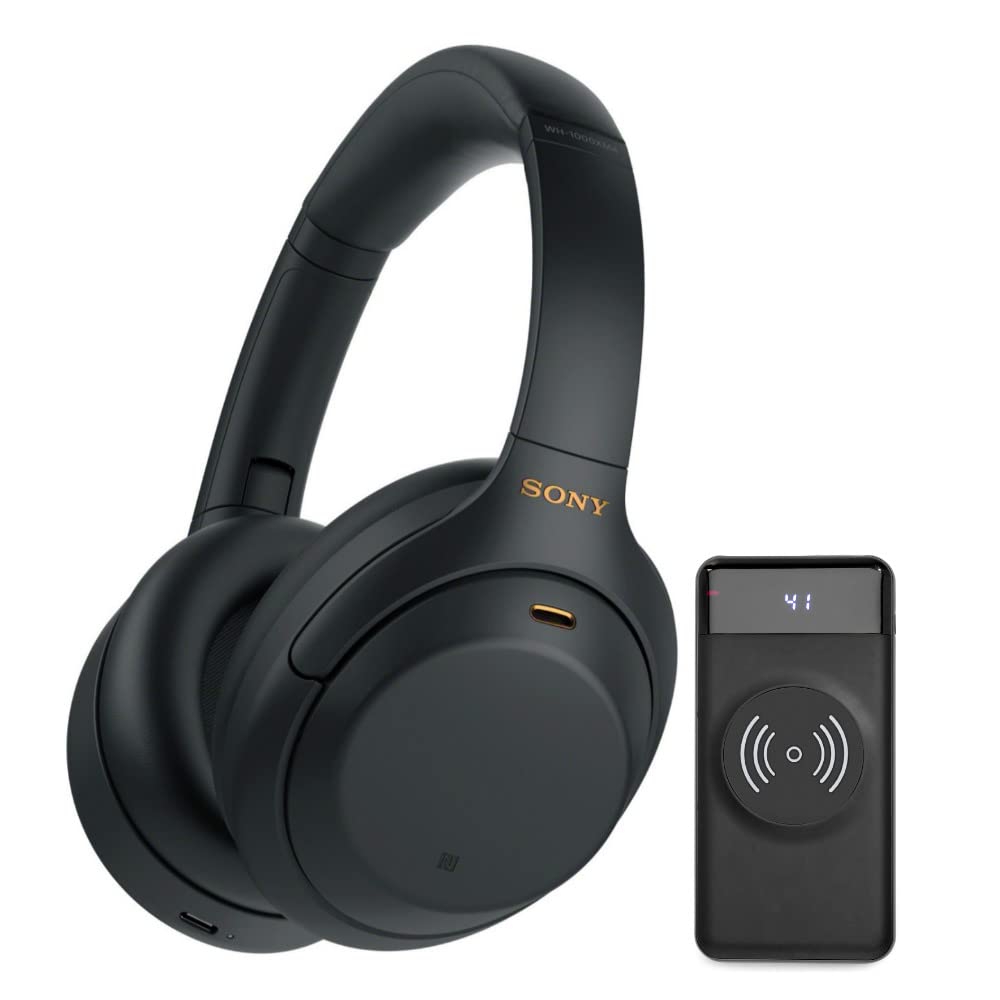 Sony WH-1000XM4 Pacote de fones de ouvido over-ear com cancelamento de ruído sem fio Bluetooth (preto) com visor de LED ultraportátil de 10.000 mAh Banco de bateria de carga rápida sem fio (2 itens)...