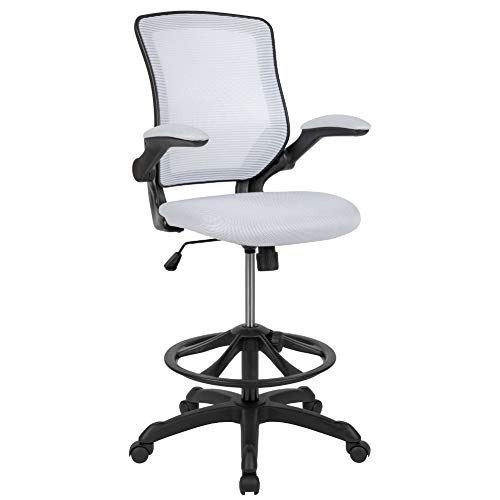 Flash Furniture Cadeira de desenho ergonômica com malha branca intermediária com anel de pé ajustável e braços articulados