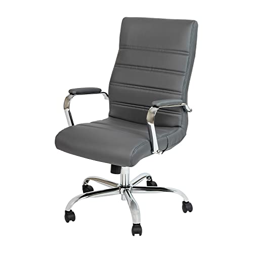 Flash Furniture Cadeira de escritório com encosto alto - Cadeira de escritório giratória executiva de couro cinza com estrutura cromada - Cadeira com braço giratório