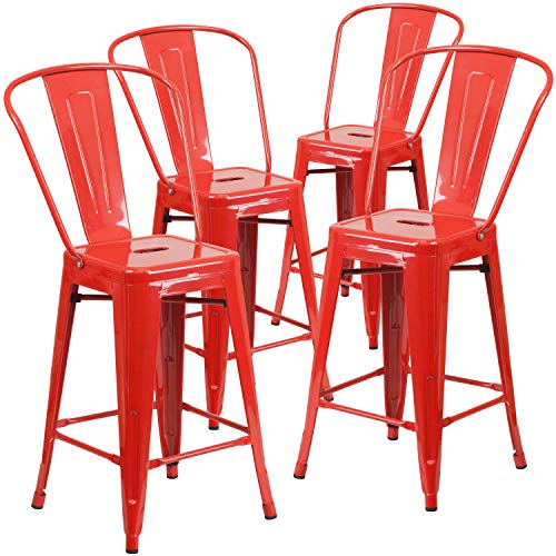Flash Furniture Classe comercial 4 pacote 24 'alto vermelho de metal interno-externo banco de altura de balcão com parte traseira removível