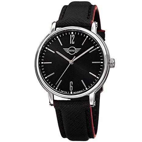 MINI Relógio  masculino 160608 de quartzo suíço preto com pulseira de couro genuíno