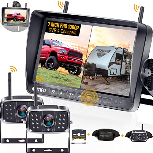  AMTIFO Câmera de segurança RV sem fio HD 1080P Bluetooth 2 Trailer de viagem Sistema de câmera de visão traseira 7 polegadas DVR Monitor Truck Camper Infrared Night Vision Reverse Cameras Adapter...