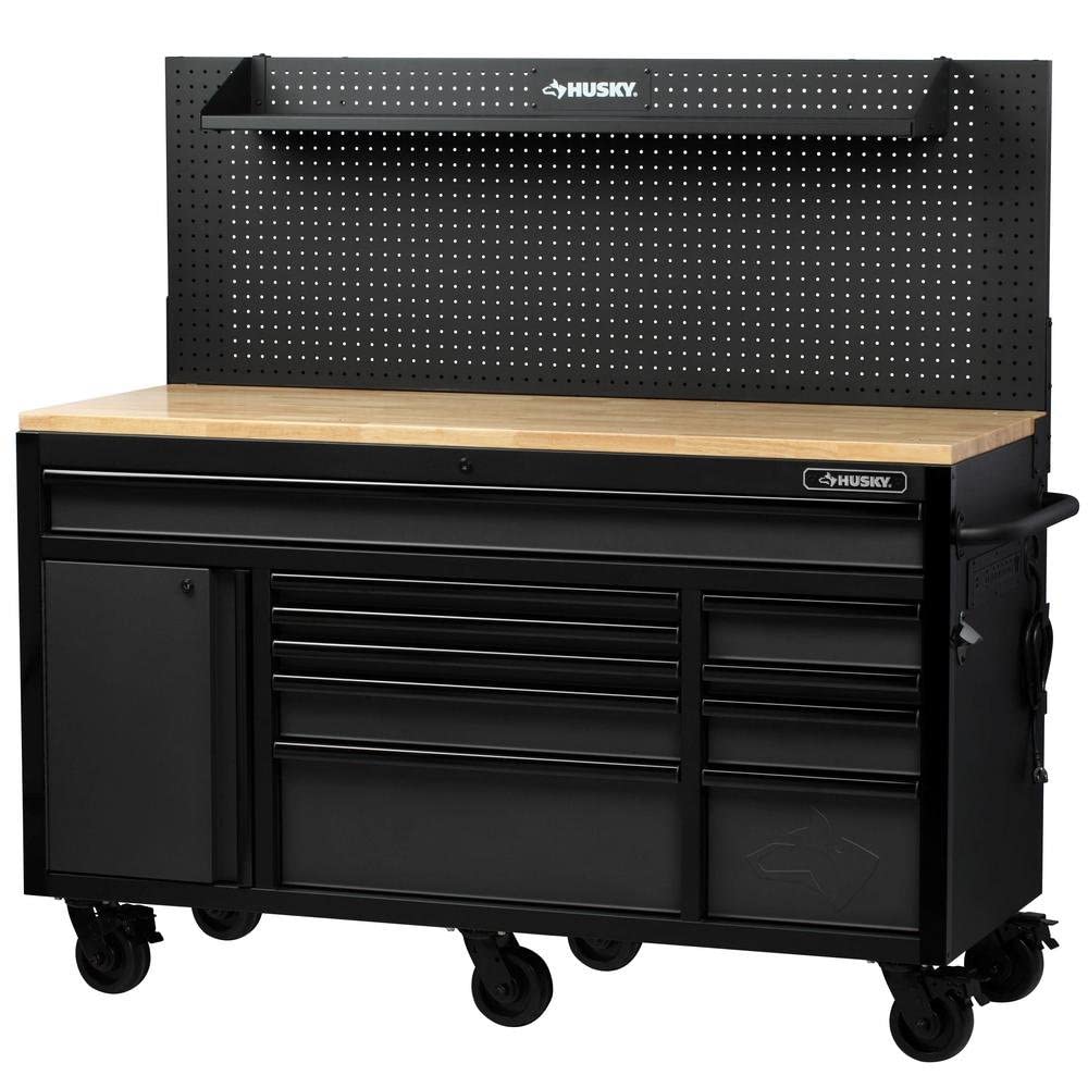 HuskyTool Husky 61 in. W 23 in. D 10-Drawer 1-Door Mobile Workbench with Solid Wood Top and Flip-Up Pegboard in Textured Black