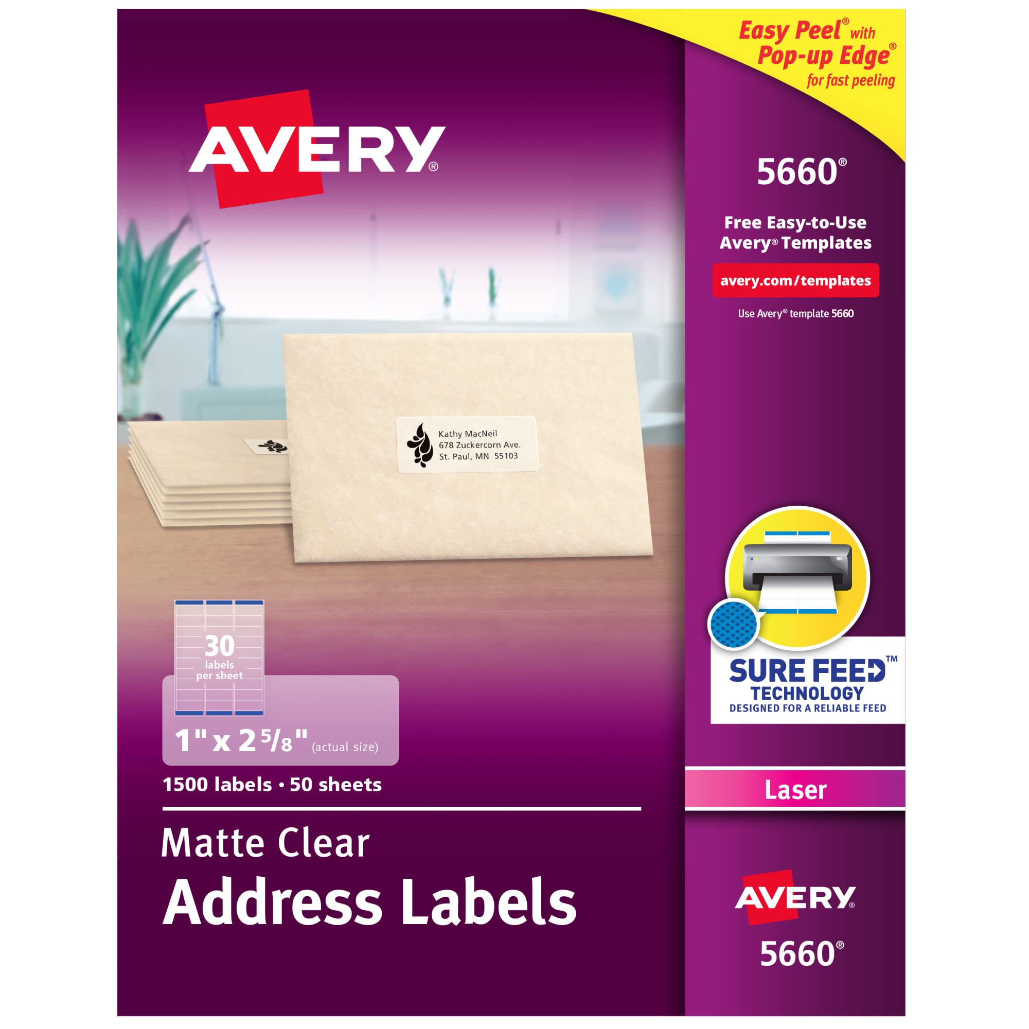 Avery Etiquetas de endereço transparentes fáceis de descascar para impressoras a laser 1'' x 2-5/8''