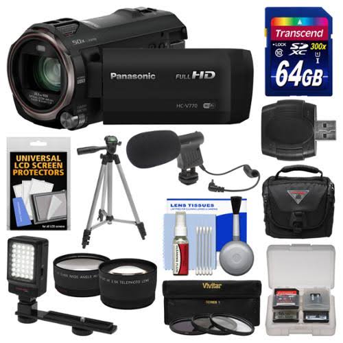 Panasonic Filmadora HD HC-V770 com captura de vídeo sem fio para smartphone duplo + 64 GB 94 MB/s UHS-1/U3