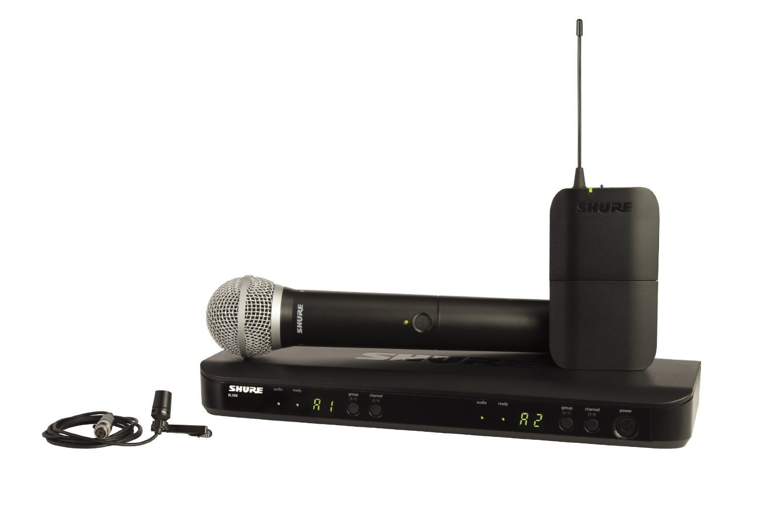 Shure Sistema de microfone sem fio de canal duplo BLX1288/CVL com microfones de mão PG58 e microfones de lapela CVL