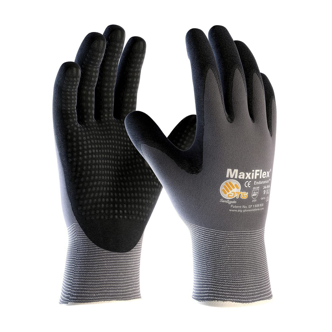 ATG Pacote com 3 luvas de trabalho MaxiFlex Endurance 34-844 malha sem costura de nylon com aderência revestida de nitrilo na palma e dedos