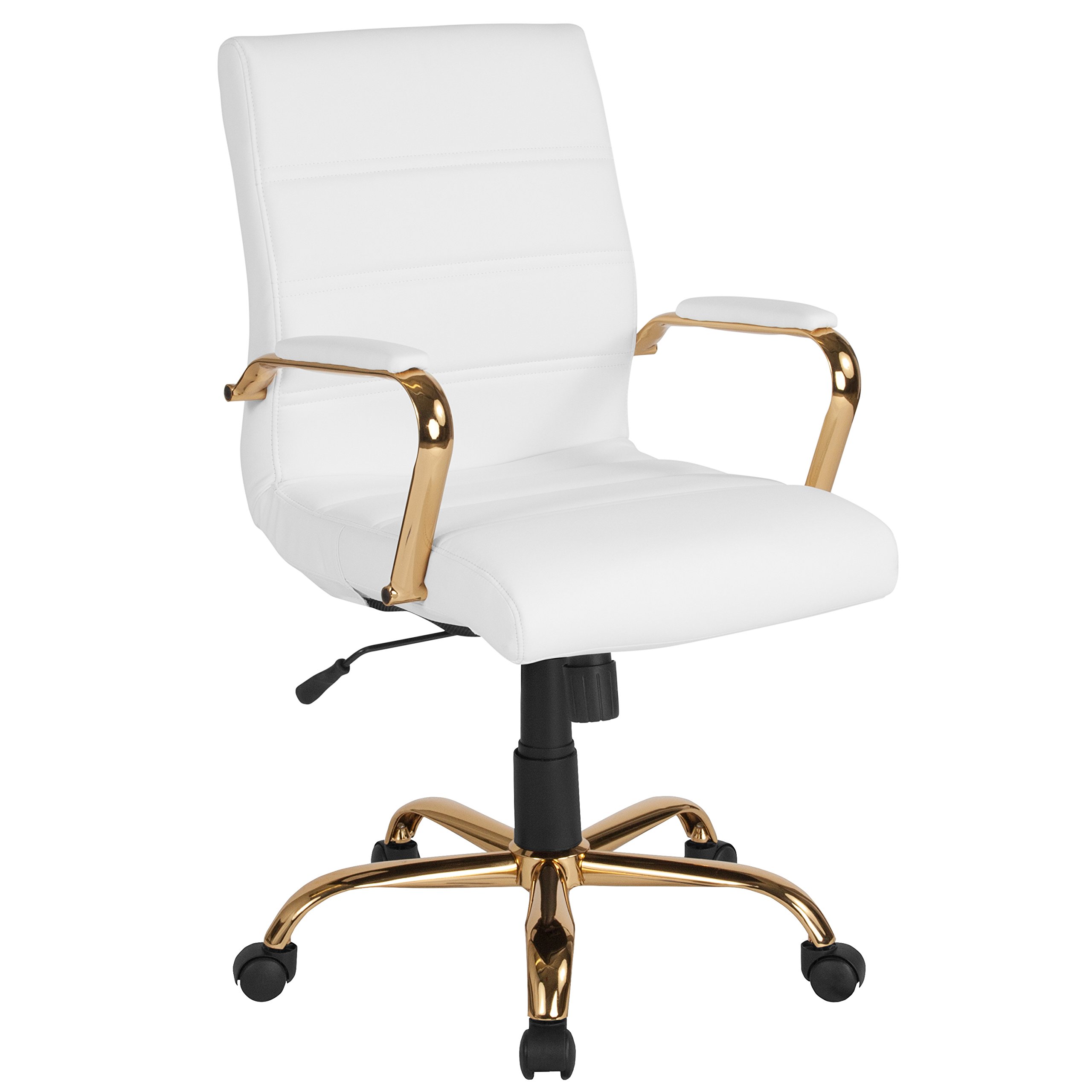 Flash Furniture Cadeira de escrivaninha Whitney com encosto médio - Cadeira de escritório giratória executiva de couro branco com moldura dourada - Cadeira de braço giratório
