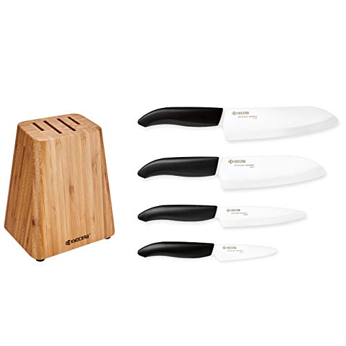 Kyocera Conjunto de blocos de facas de bambu: inclui bloco de bambu de 4 slots e 4 facas de cerâmica avançada-FK-cabo preto/lâmina branca