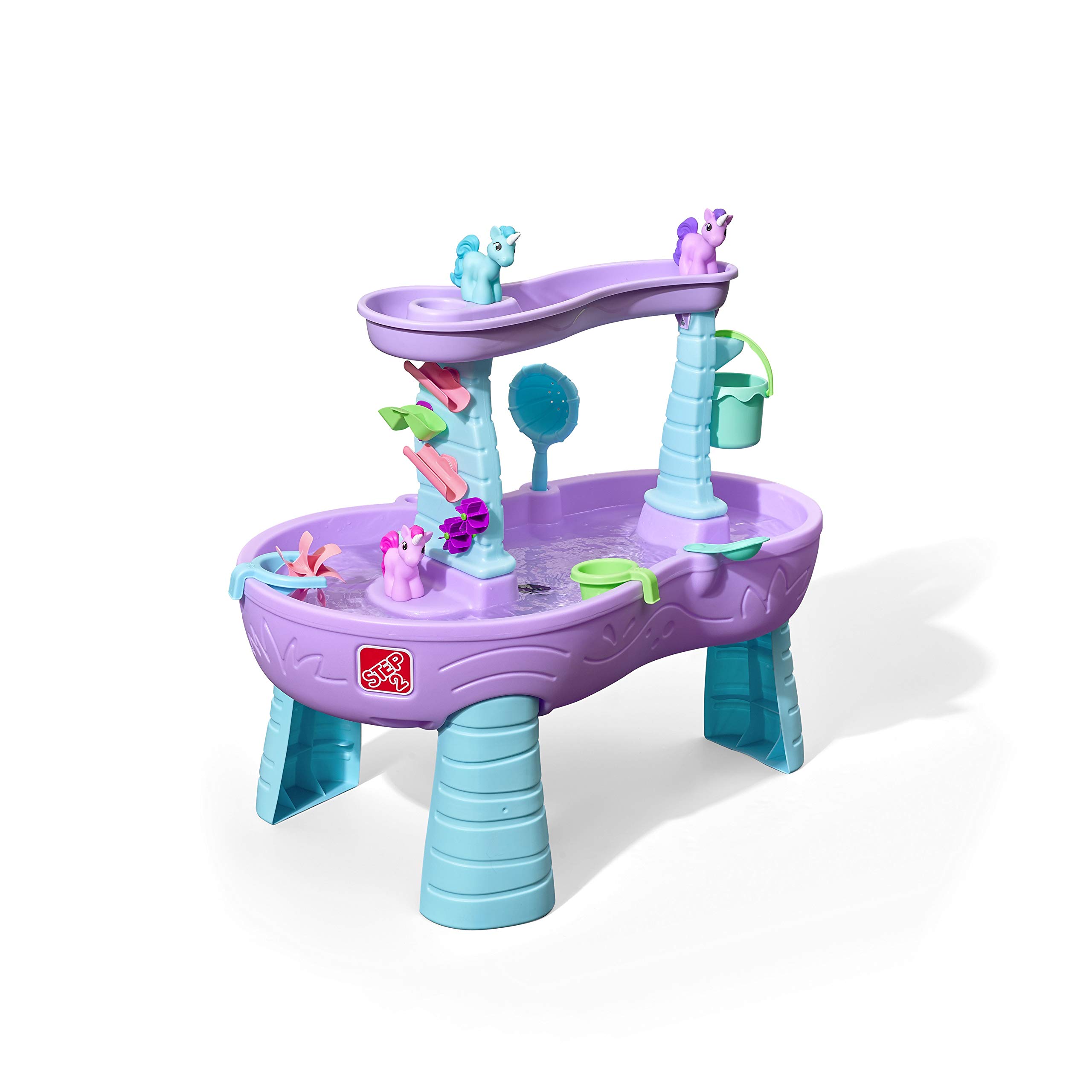 Step2 Chuveiros e unicórnios mesa d'água infantil mesa de brincar roxa com 13 peças conjunto de acessórios de unicórnio