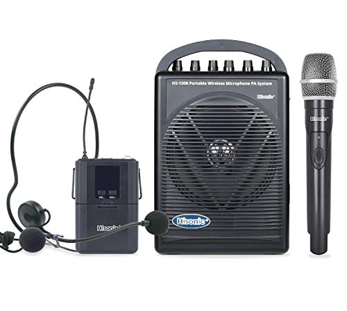 Hisonic Sistema PA (endereço público) recarregável e portátil HS120B com microfone sem fio UHF integrado (1 portátil + 1 pacote de cinto)