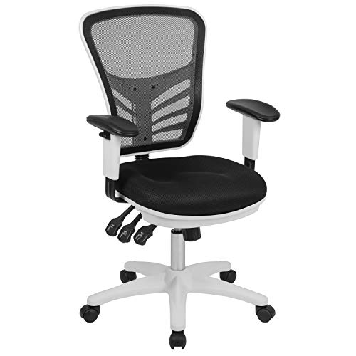 Flash Furniture Cadeira de escritório ergonômica giratória executiva multifuncional em malha preta média com braços ajustáveis ​​e armação branca