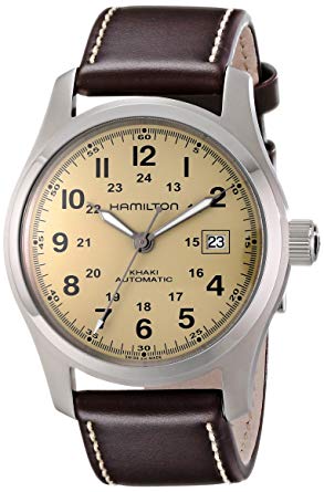 Hamilton Relógio masculino de aço inoxidável 'Khaki Field' H70555523 com pulseira de couro marrom