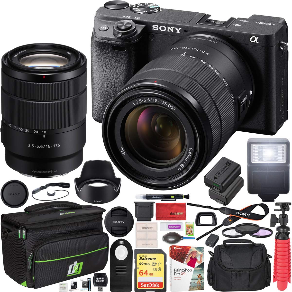 Sony a6400 4K Mirrorless Camera ILCE-6400M/B with 18-135mm F3.5-5.6 OSS Zoom Lens Kit and Deco Gear Travel Case Filter Set Extra Battery Remote & Flash Bundle