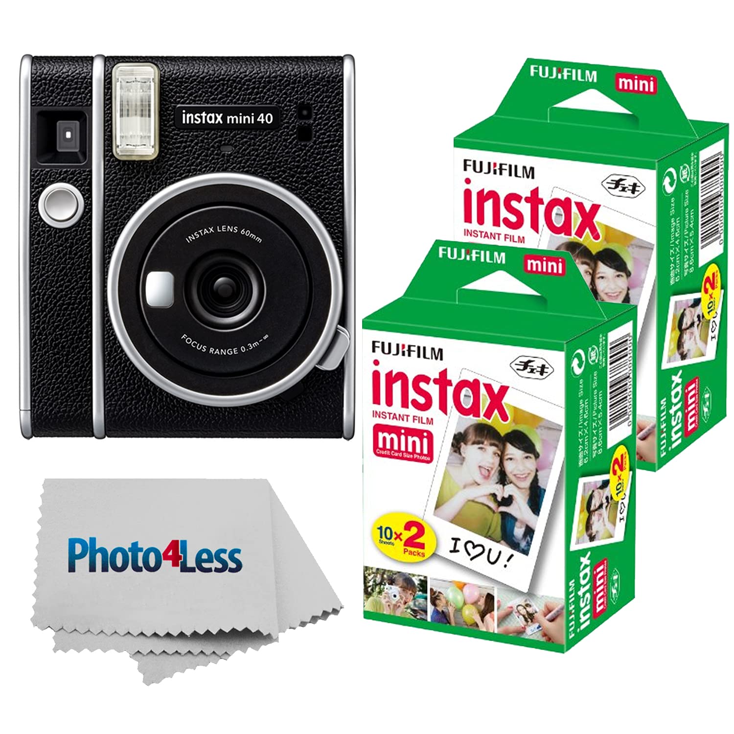 Fujifilm Instax Mini 40 Instant Camera Black + Instax Mini Twin Pack Instant Film 2 pacotes (total de 40 folhas) - Câmera instantânea Pacote de grande valor!