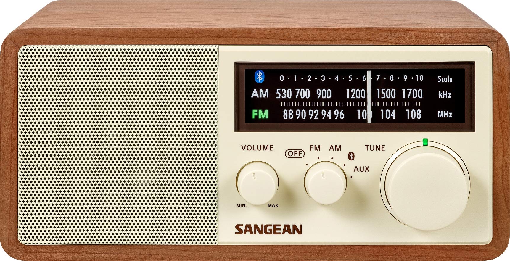 Sangean Rádio am/fm/bluetooth em armário de madeira com carregamento de telefone usb
