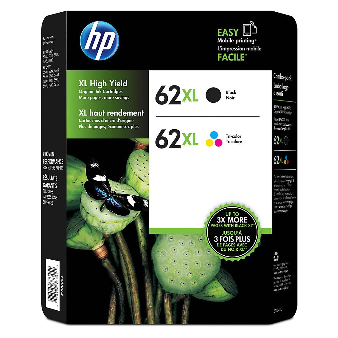 HP Cartuchos de impressão Jetdirect pretos e tricolores de alto rendimento genuínos 62Xl de alto rendimento