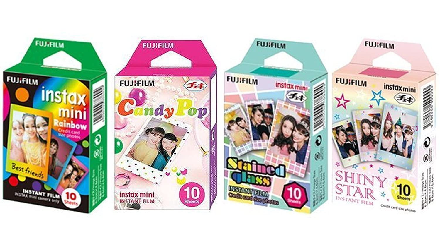 Fujifilm InstaX Mini Filme Instantâneo Rainbow & Staind Glass & Candy Pop & Shiny Star Film -10 Folhas X 4 Conjunto de Valores Sortidos