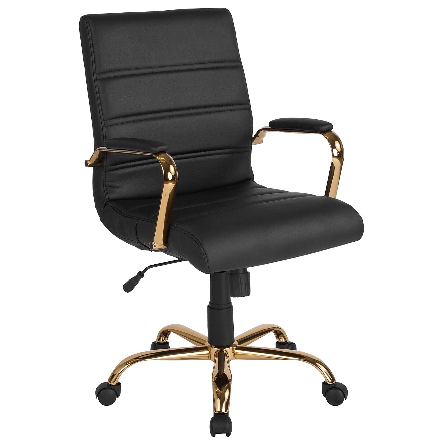 Flash Furniture Cadeira de mesa com encosto médio - Cadeira de escritório executiva giratória de couro preto com moldura dourada - Cadeira de braço giratório