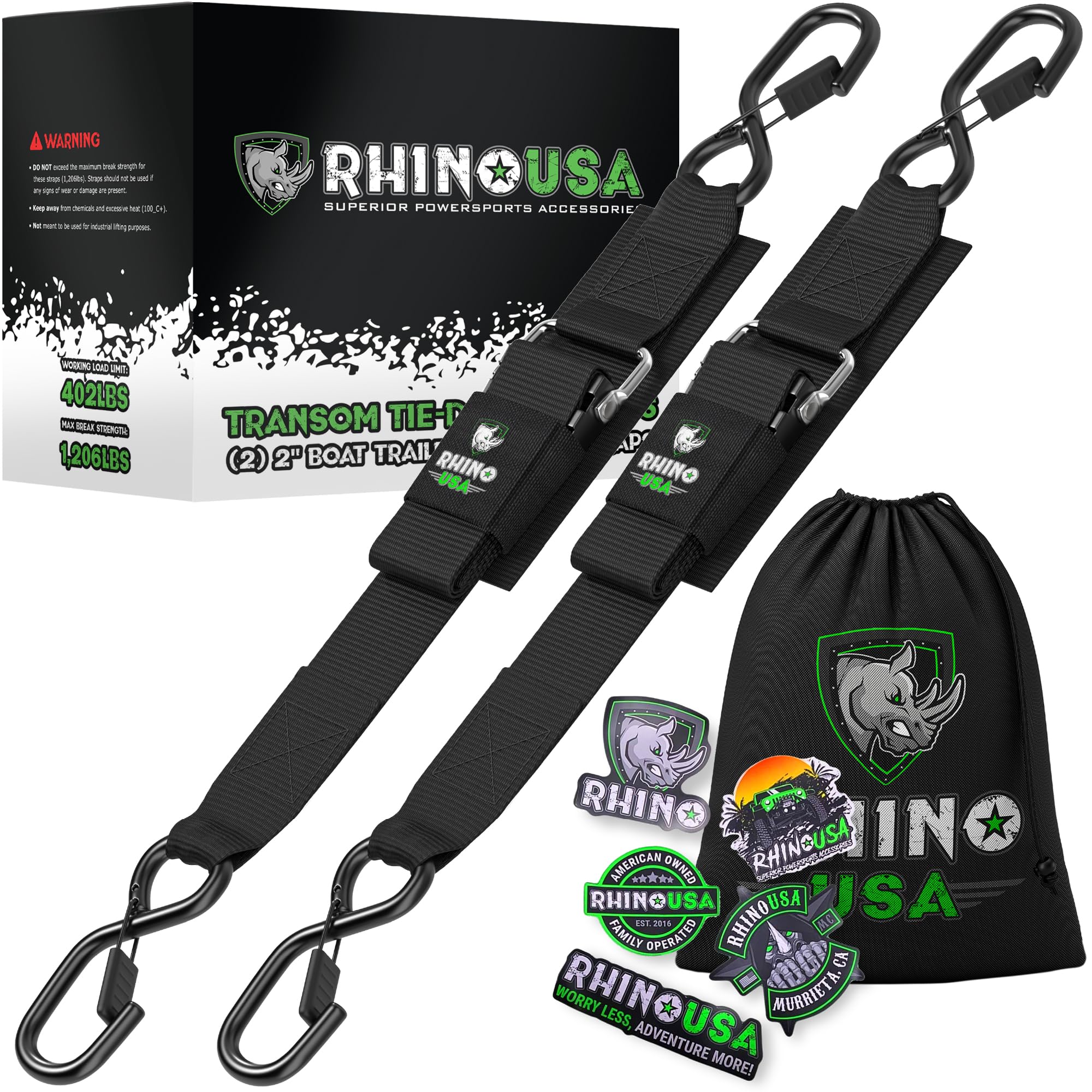 Rhino USA Correias de popa para reboque de barco (2PK) - Correias ajustáveis resistentes de 2 polegadas x 48 polegadas para reboque