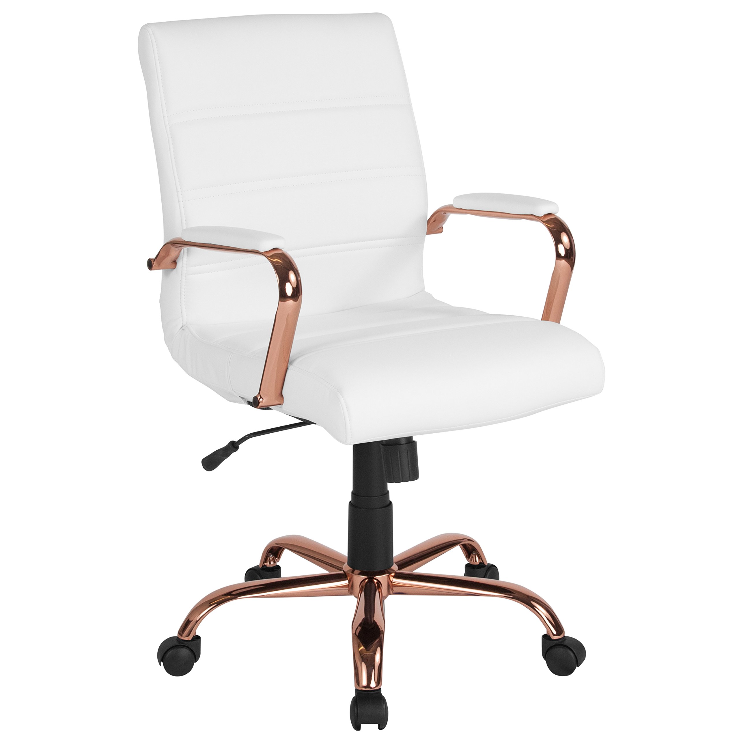 Flash Furniture Cadeira de escrivaninha Whitney com encosto médio - Cadeira de escritório giratória executiva de couro branco macia com moldura em ouro rosa - Cadeira com braço giratório