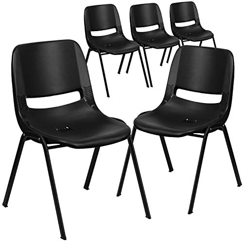 Flash Furniture 5 Pk. HERCULES Series 440 lb. Capacidade Kid's Black Ergonomic Shell Stack Chair com estrutura preta e 14 'de altura de assento