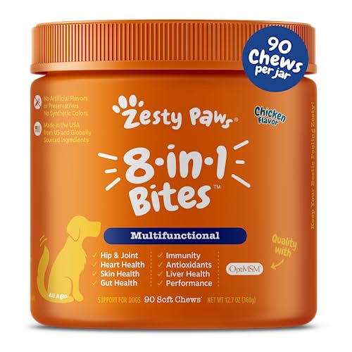  Zesty Paws Suplementos multifuncionais para cães - Glucosamina Condroitina para suporte articular com probióticos para saúde intestinal e imunológica Óleo de peixe ômega com antioxidantes e...