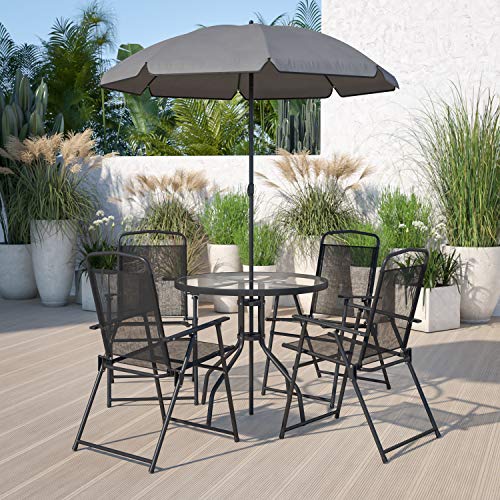 Flash Furniture Conjunto de jardim de 6 peças Nantucket com mesa guarda-chuva e conjunto de 4 cadeiras dobráveis